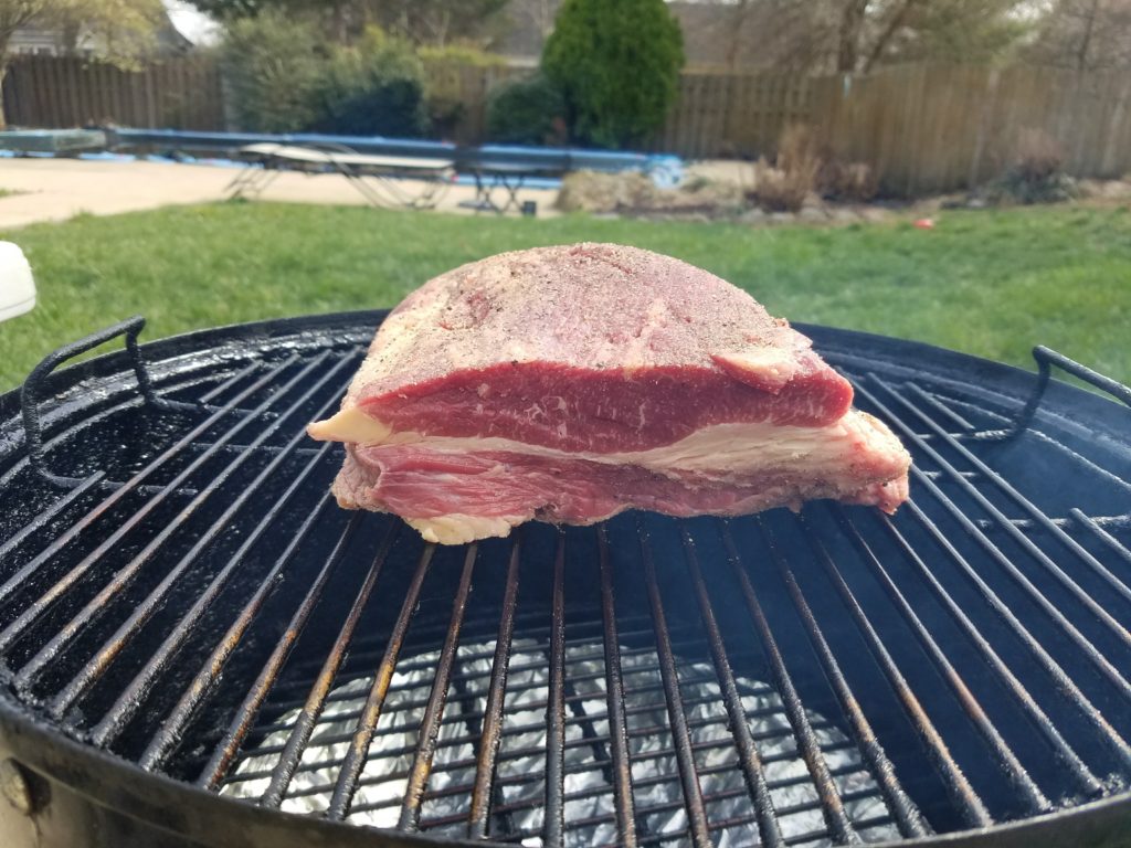 Raw brisket point and flat before smoking, first burnt ends attempt