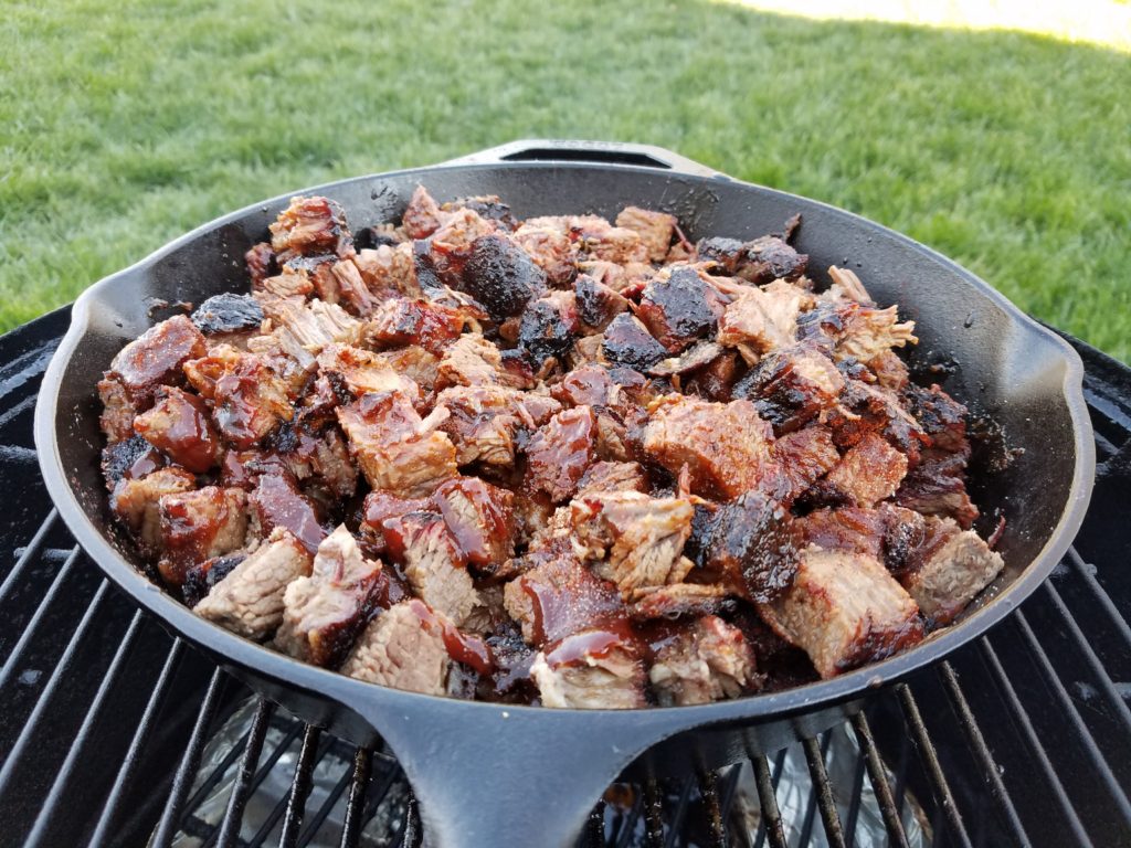 Cubed burnt ends back on the smoker