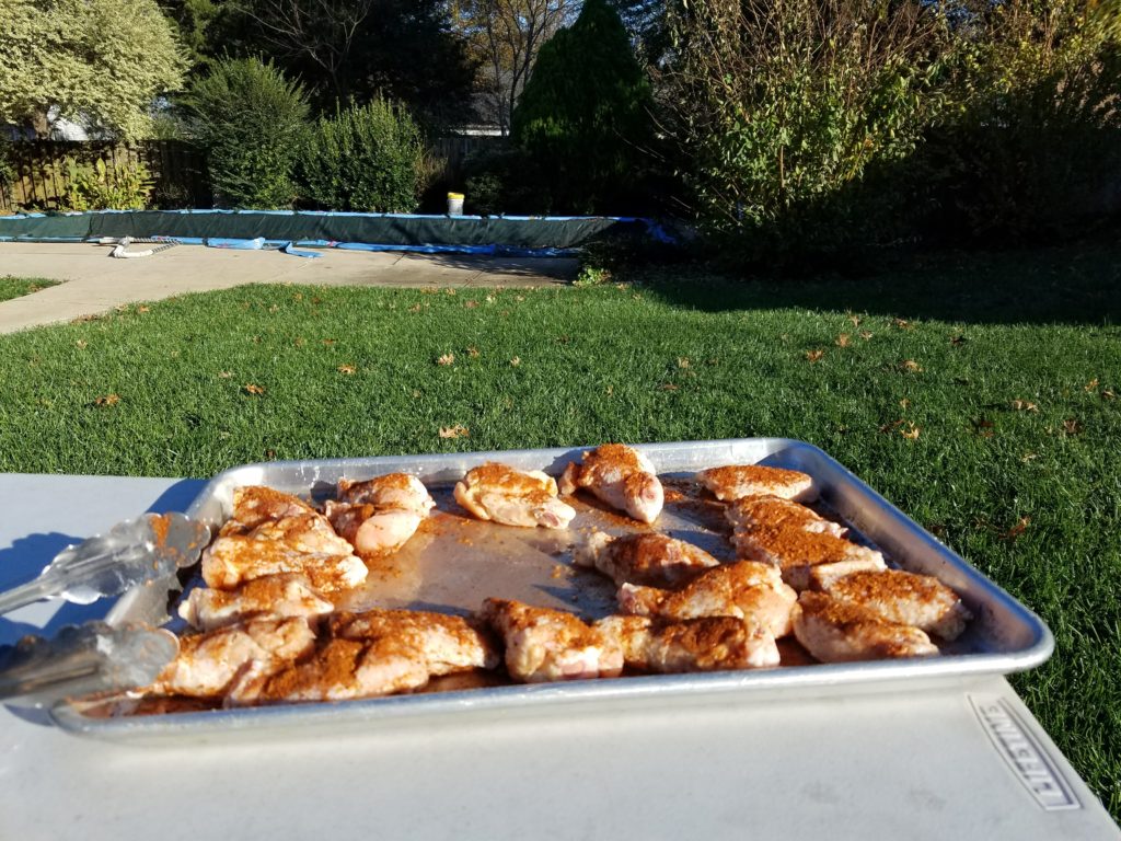 Rubbed wings destined for the smoker, garlic powder, onion powder, and paprika