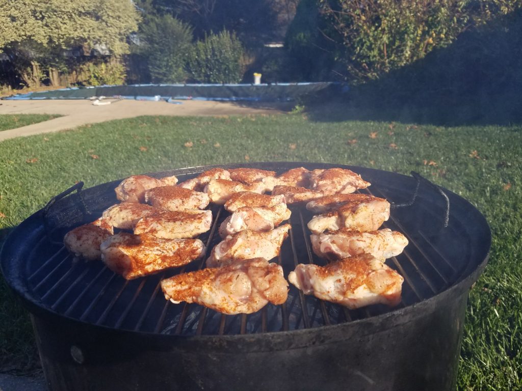 Batch B wings on the smoker at 225 degrees with hickory wood