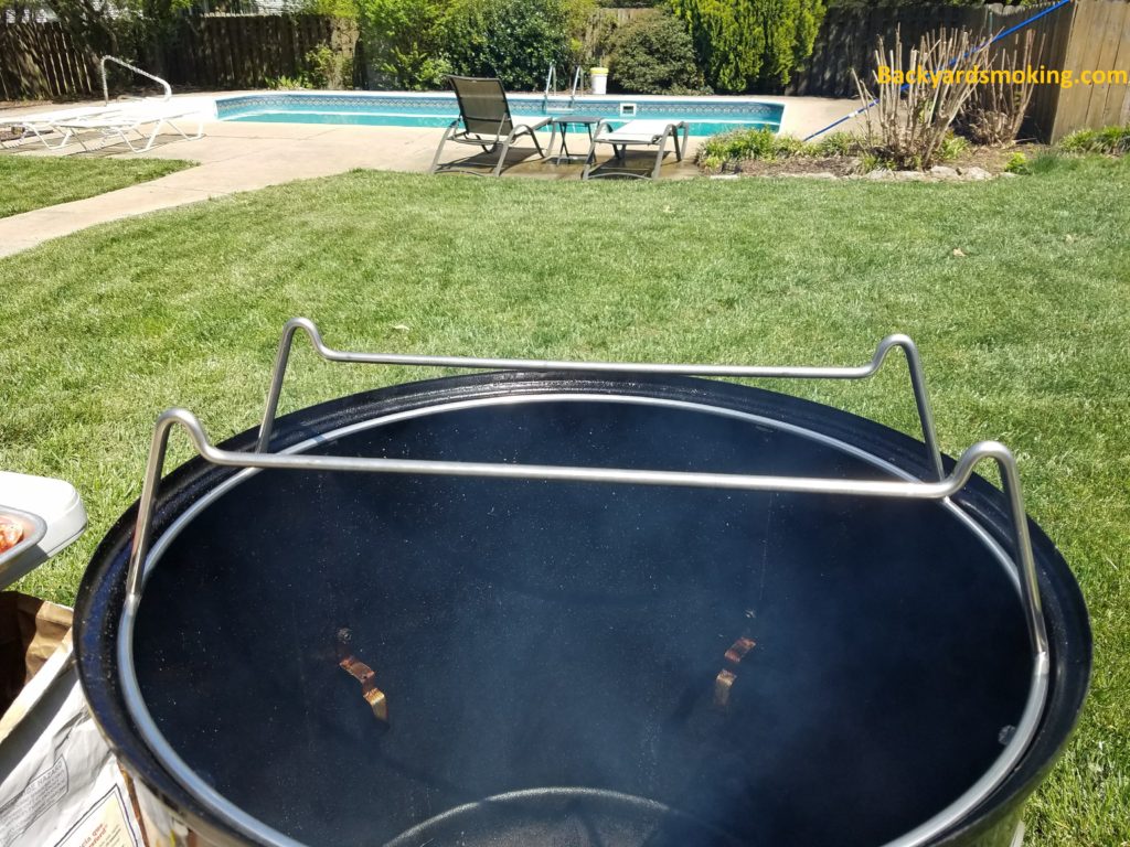 Weber Smoker Mountain 22" with rack removed and Rib Hanger installed