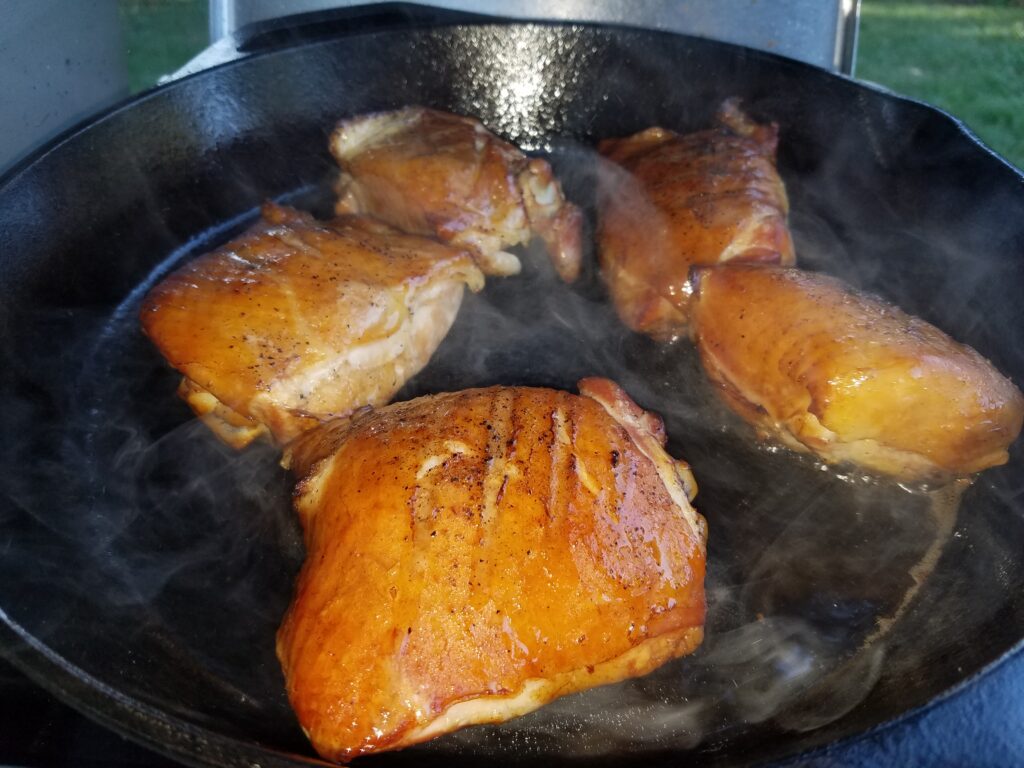 The remaining chicken thighs finished in a hot cast iron skillet alt