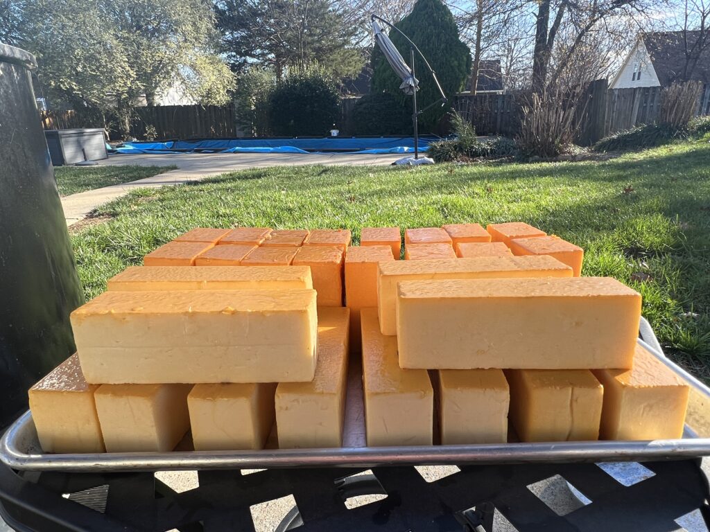 Cold smoked cheese: white cheddar immediately after cold smoking